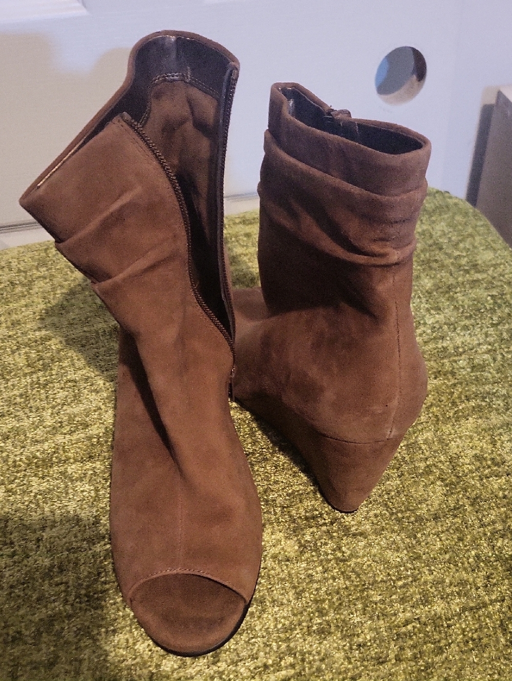 AEROSOLES Brown Suede Peep-Toe Wedge Ankle Boots